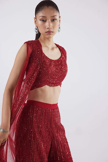 Istya_Red Net Cutdana, Geometric, Thread, Beads, Floral Embroidered Sharara Set _Online_at_Aza_Fashions