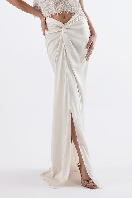 Buy_Istya_Ivory Organza, Satin Pearls, Sequins High Floral Embroidered Top And Draped Skirt _Online_at_Aza_Fashions