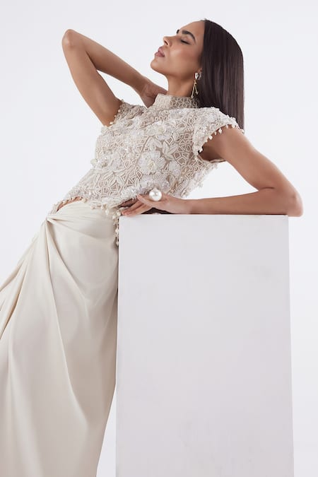 Shop_Istya_Ivory Organza, Satin Pearls, Sequins High Floral Embroidered Top And Draped Skirt _Online_at_Aza_Fashions