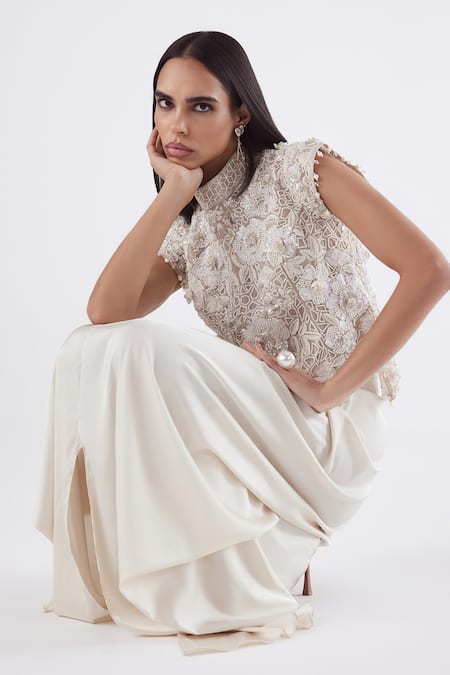 Istya_Ivory Organza, Satin Pearls, Sequins High Floral Embroidered Top And Draped Skirt _at_Aza_Fashions