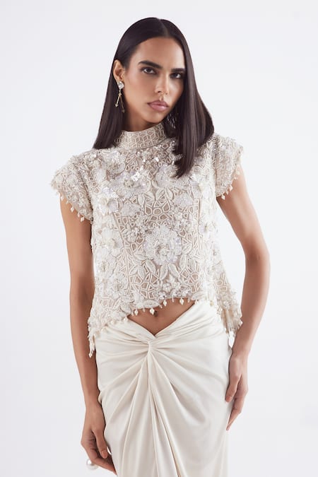 Istya Floral Embroidered Top & Draped Skirt 