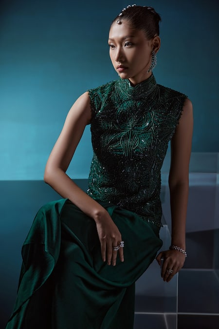 Istya Geometric Embroidered Top With Draped Skirt 