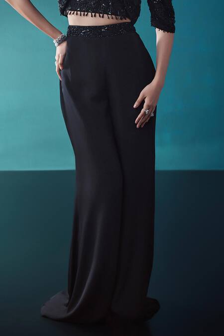 Buy_Istya_Black Chiffon Sequins, Cut Work, Stones Mandarin Embroidered Jacket Pant Set _Online_at_Aza_Fashions