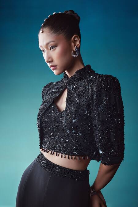 Shop_Istya_Black Chiffon Sequins, Cut Work, Stones Mandarin Embroidered Jacket Pant Set _Online_at_Aza_Fashions
