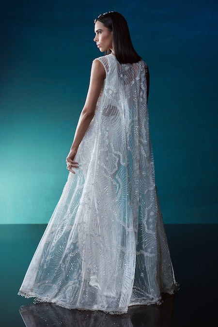 Istya_Ivory Satin, Net Pearls, Sequins, Abstract Embroidered Jacket Draped Skirt Set _Online_at_Aza_Fashions