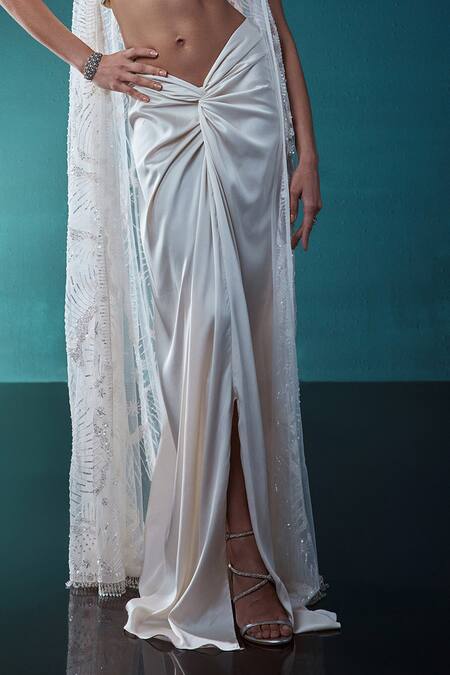Buy_Istya_Ivory Satin, Net Pearls, Sequins, Abstract Embroidered Jacket Draped Skirt Set _Online_at_Aza_Fashions