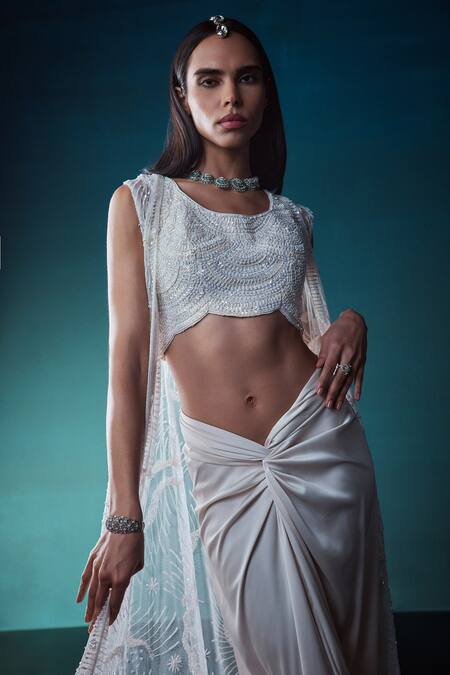 Shop_Istya_Ivory Satin, Net Pearls, Sequins, Abstract Embroidered Jacket Draped Skirt Set _Online_at_Aza_Fashions