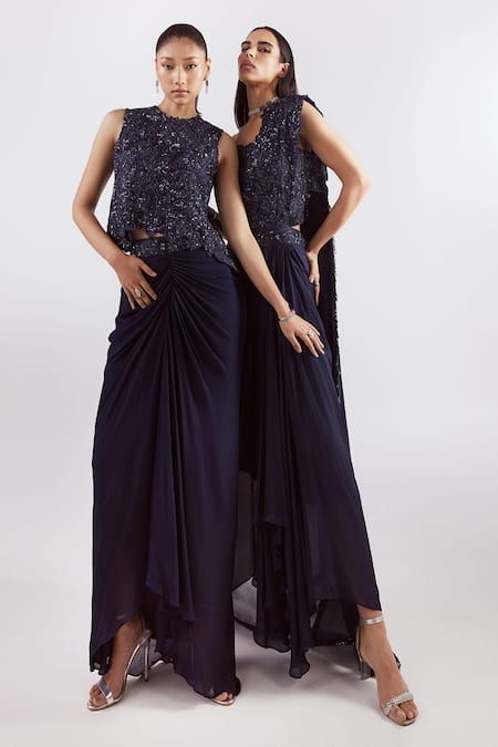 Istya_Navy Organza, Chiffon Sequins, Beads Floral Embroidered Pre-draped Saree Set _Online_at_Aza_Fashions