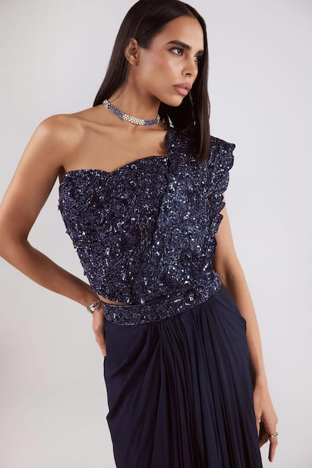 Buy_Istya_Navy Organza, Chiffon Sequins, Beads Floral Embroidered Pre-draped Saree Set _Online_at_Aza_Fashions