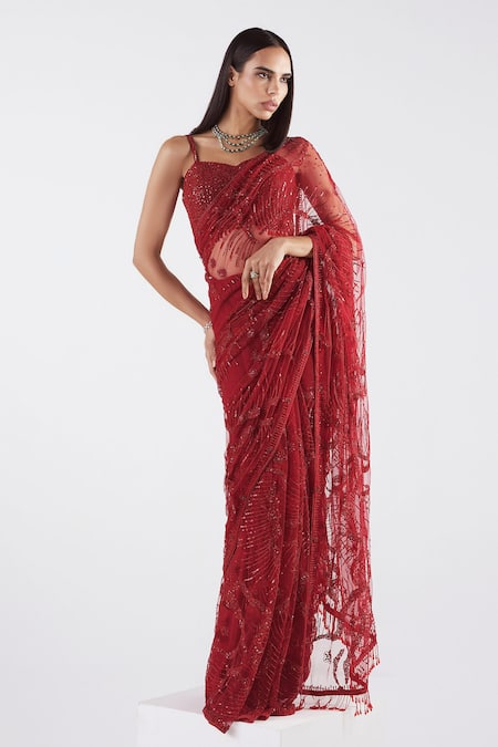 Istya_Red Net Cut Work, Sequins Sweetheart Neck Embroidered Saree With Blouse _Online_at_Aza_Fashions