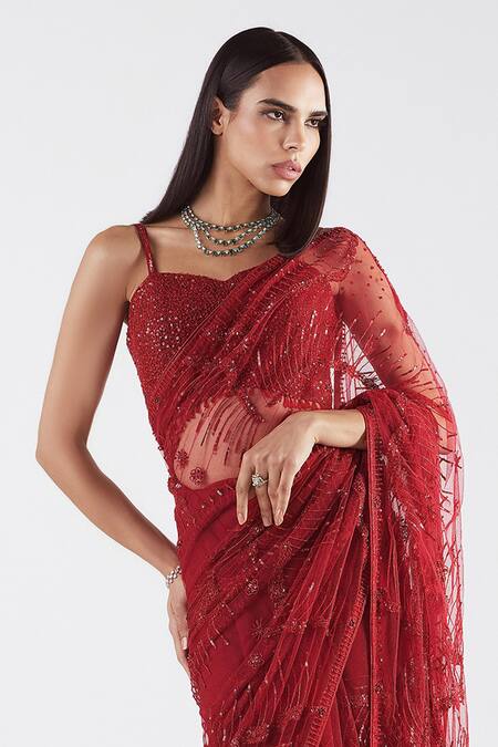 Buy_Istya_Red Net Cut Work, Sequins Sweetheart Neck Embroidered Saree With Blouse _Online_at_Aza_Fashions