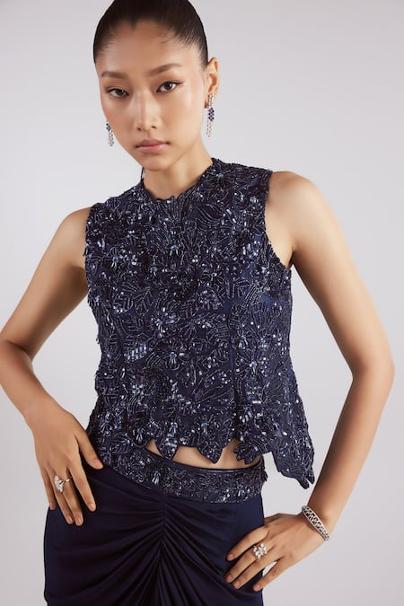 Istya Blue Organza, Satin Cutdana, Embroidered Top With Asymmetric Draped Skirt Online at Aza Fashions Istya_Blue Organza, Satin Cutdana, Embroidered Top With Asymmetric Draped Skirt _Online_at_Aza_Fashions