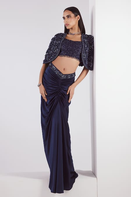 Istya Blue Organza, Lycra Cutdana, Floral, Motifs Embroidered Draped Skirt Set Online at Aza Fashions Istya_Blue Organza, Lycra Cutdana, Floral, Motifs Embroidered Draped Skirt Set _Online_at_Aza_Fashions