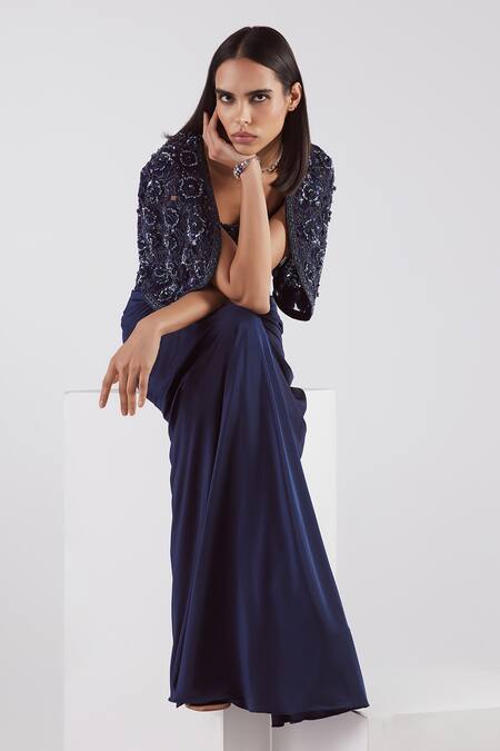 Istya Blue Organza, Lycra Cutdana, Floral, Motifs Embroidered Draped Skirt Set at Aza Fashions Istya_Blue Organza, Lycra Cutdana, Floral, Motifs Embroidered Draped Skirt Set _at_Aza_Fashions