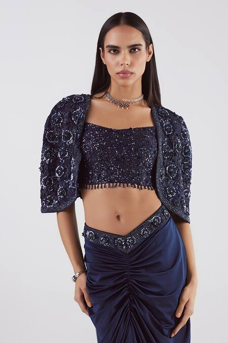 Buy Istya Blue Organza, Lycra Cutdana, Floral, Motifs Embroidered Draped Skirt Set Buy_Istya_Blue Organza, Lycra Cutdana, Floral, Motifs Embroidered Draped Skirt Set