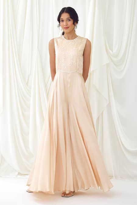 Lavanya Ahuja Pink Modal, Satin Sequins, Beads Round Neck Pearl Embroidered Flared Jumpsuit Online at Aza Fashions Lavanya Ahuja_Pink Modal, Satin Sequins, Beads Round Neck Pearl Embroidered Flared Jumpsuit _Online_at_Aza_Fashions