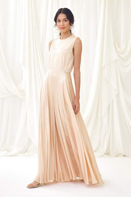 Buy Lavanya Ahuja Pink Modal, Satin Sequins, Beads Round Neck Pearl Embroidered Flared Jumpsuit Online at Aza Fashions Buy_Lavanya Ahuja_Pink Modal, Satin Sequins, Beads Round Neck Pearl Embroidered Flared Jumpsuit _Online_at_Aza_Fashions