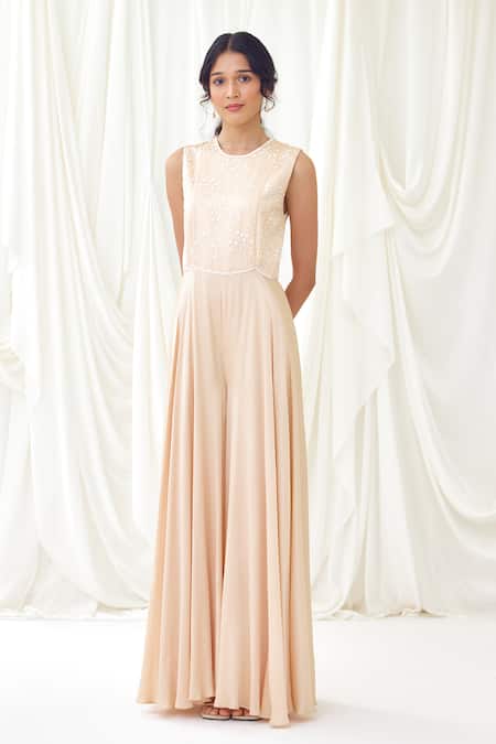 Shop Lavanya Ahuja Pink Modal, Satin Sequins, Beads Round Neck Pearl Embroidered Flared Jumpsuit Online at Aza Fashions Shop_Lavanya Ahuja_Pink Modal, Satin Sequins, Beads Round Neck Pearl Embroidered Flared Jumpsuit _Online_at_Aza_Fashions