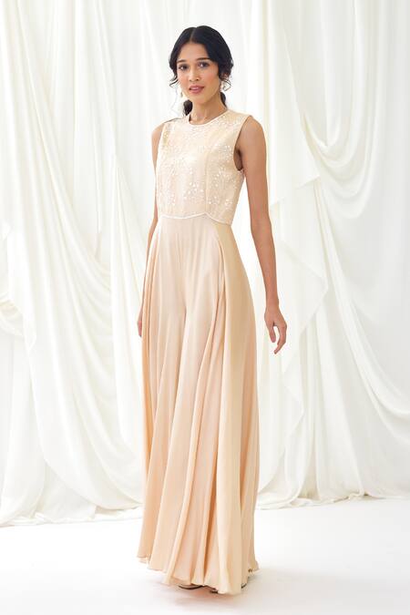 Lavanya Ahuja Pink Modal, Satin Sequins, Beads Round Neck Pearl Embroidered Flared Jumpsuit at Aza Fashions Lavanya Ahuja_Pink Modal, Satin Sequins, Beads Round Neck Pearl Embroidered Flared Jumpsuit _at_Aza_Fashions