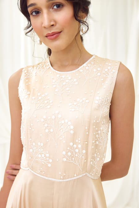 Buy Lavanya Ahuja Pink Modal, Satin Sequins, Beads Round Neck Pearl Embroidered Flared Jumpsuit Buy_Lavanya Ahuja_Pink Modal, Satin Sequins, Beads Round Neck Pearl Embroidered Flared Jumpsuit