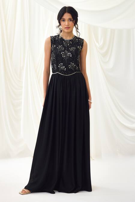 Lavanya Ahuja_Black Modal, Satin Sequins, Beads Round Neck Embroidered Flared Jumpsuit _Online_at_Aza_Fashions
