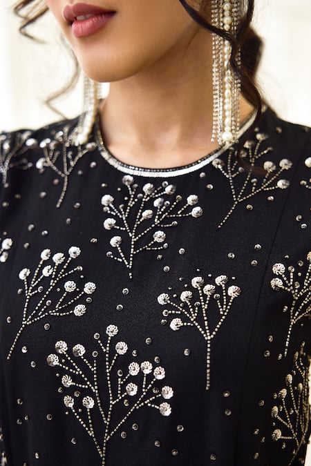 Buy_Lavanya Ahuja_Black Modal, Satin Sequins, Beads Round Neck Embroidered Flared Jumpsuit _Online_at_Aza_Fashions