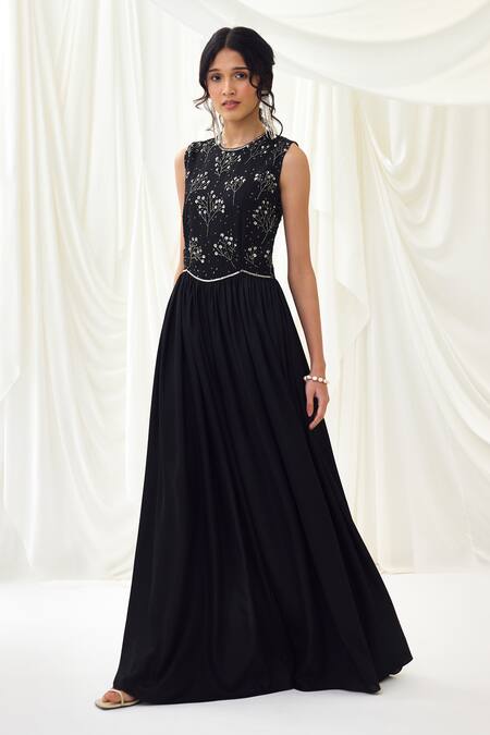 Shop_Lavanya Ahuja_Black Modal, Satin Sequins, Beads Round Neck Embroidered Flared Jumpsuit _Online_at_Aza_Fashions