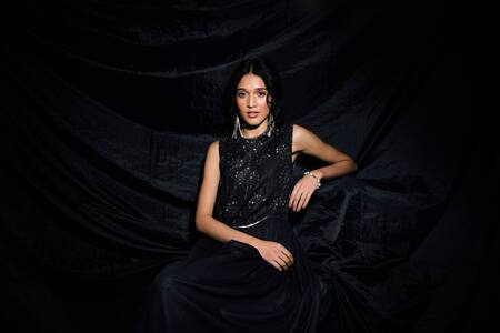 Lavanya Ahuja_Black Modal, Satin Sequins, Beads Round Neck Embroidered Flared Jumpsuit _at_Aza_Fashions