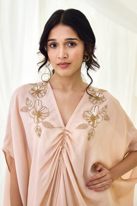 Shop_Lavanya Ahuja_Pink Viscose Sequins, Beads V-neck Embroidered Kaftan And Pant Set _Online_at_Aza_Fashions