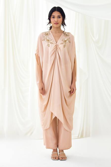 Lavanya Ahuja_Pink Viscose Sequins, Beads V-neck Embroidered Kaftan And Pant Set _at_Aza_Fashions