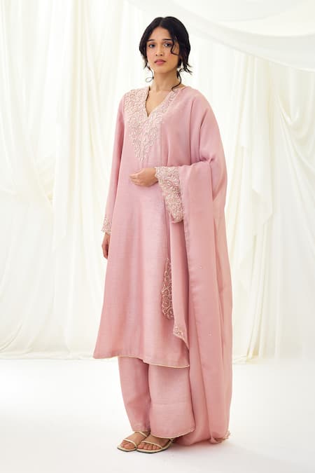Lavanya Ahuja Pink Viscose Pearl, Strawberry Moon Embroidered Kurta Wide Legged Pant Set Online at Aza Fashions Lavanya Ahuja_Pink Viscose Pearl, Strawberry Moon Embroidered Kurta Wide Legged Pant Set _Online_at_Aza_Fashions