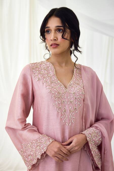 Buy Lavanya Ahuja Pink Viscose Pearl, Strawberry Moon Embroidered Kurta Wide Legged Pant Set Online at Aza Fashions Buy_Lavanya Ahuja_Pink Viscose Pearl, Strawberry Moon Embroidered Kurta Wide Legged Pant Set _Online_at_Aza_Fashions