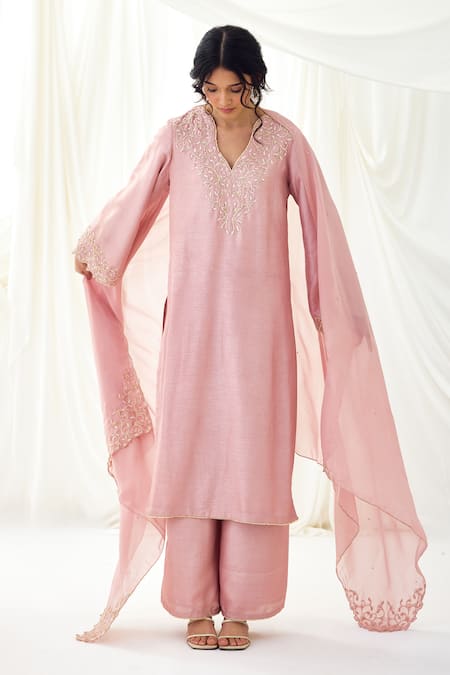 Shop Lavanya Ahuja Pink Viscose Pearl, Strawberry Moon Embroidered Kurta Wide Legged Pant Set Online at Aza Fashions Shop_Lavanya Ahuja_Pink Viscose Pearl, Strawberry Moon Embroidered Kurta Wide Legged Pant Set _Online_at_Aza_Fashions