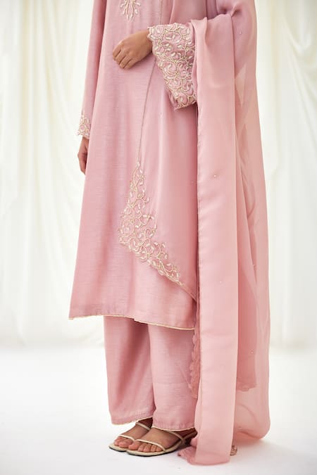 Lavanya Ahuja Pink Viscose Pearl, Strawberry Moon Embroidered Kurta Wide Legged Pant Set at Aza Fashions Lavanya Ahuja_Pink Viscose Pearl, Strawberry Moon Embroidered Kurta Wide Legged Pant Set _at_Aza_Fashions