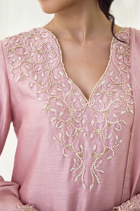 Buy Lavanya Ahuja Pink Viscose Pearl, Strawberry Moon Embroidered Kurta Wide Legged Pant Set Buy_Lavanya Ahuja_Pink Viscose Pearl, Strawberry Moon Embroidered Kurta Wide Legged Pant Set