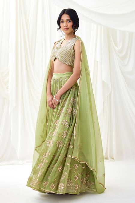 Lavanya Ahuja Green Organza, Net, Modal Beads, Sequins And Embroidered Lehenga Set Online at Aza Fashions Lavanya Ahuja_Green Organza, Net, Modal Beads, Sequins And Embroidered Lehenga Set _Online_at_Aza_Fashions
