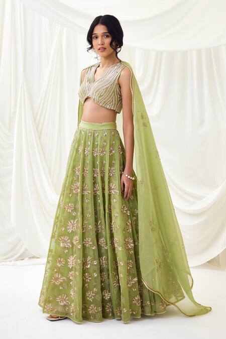 Buy Lavanya Ahuja Green Organza, Net, Modal Beads, Sequins And Embroidered Lehenga Set Online at Aza Fashions Buy_Lavanya Ahuja_Green Organza, Net, Modal Beads, Sequins And Embroidered Lehenga Set _Online_at_Aza_Fashions