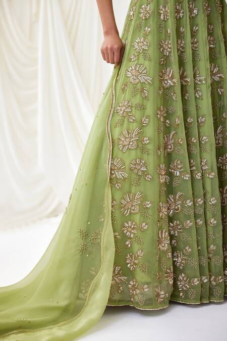 Shop Lavanya Ahuja Green Organza, Net, Modal Beads, Sequins And Embroidered Lehenga Set Online at Aza Fashions Shop_Lavanya Ahuja_Green Organza, Net, Modal Beads, Sequins And Embroidered Lehenga Set _Online_at_Aza_Fashions