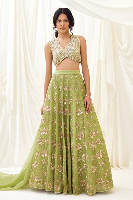 Buy Lavanya Ahuja Green Organza, Net, Modal Beads, Sequins And Embroidered Lehenga Set Buy_Lavanya Ahuja_Green Organza, Net, Modal Beads, Sequins And Embroidered Lehenga Set