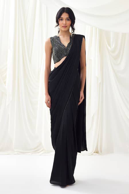 Shop_Lavanya Ahuja_Black Metallic Midnight Waltz Embroidered Border Pre-draped Saree With Blouse _Online_at_Aza_Fashions