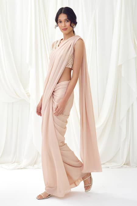Lavanya Ahuja Pink Shimmer Georgette Sunset Waltz Embroidered Pre-draped Saree With Blouse Online at Aza Fashions Lavanya Ahuja_Pink Shimmer Georgette Sunset Waltz Embroidered Pre-draped Saree With Blouse _Online_at_Aza_Fashions