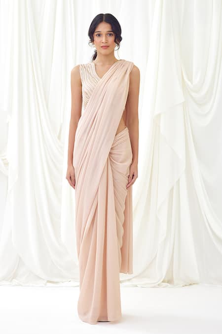 Shop Lavanya Ahuja Pink Shimmer Georgette Sunset Waltz Embroidered Pre-draped Saree With Blouse Online at Aza Fashions Shop_Lavanya Ahuja_Pink Shimmer Georgette Sunset Waltz Embroidered Pre-draped Saree With Blouse _Online_at_Aza_Fashions