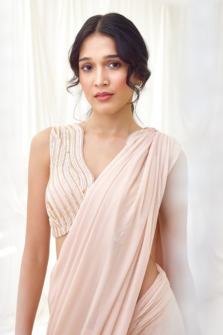 Lavanya Ahuja Pink Shimmer Georgette Sunset Waltz Embroidered Pre-draped Saree With Blouse at Aza Fashions Lavanya Ahuja_Pink Shimmer Georgette Sunset Waltz Embroidered Pre-draped Saree With Blouse _at_Aza_Fashions