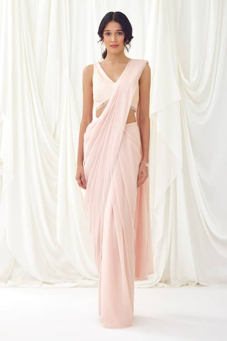 Lavanya Ahuja_Pink Lycra, Georgette Sequins, Cut Work Crystal Border Pre-draped Saree And Blouse _Online_at_Aza_Fashions