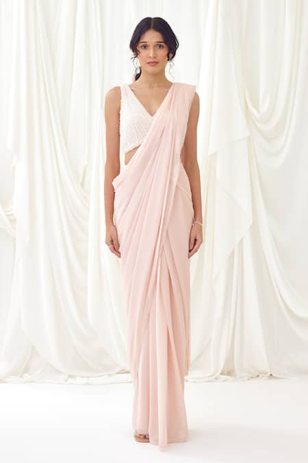 Lavanya Ahuja_Pink Shimmer Georgette Frosted Chandelier Border Pre-draped Saree With Blouse _Online_at_Aza_Fashions