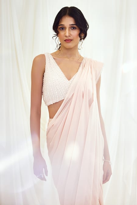 Buy_Lavanya Ahuja_Pink Shimmer Georgette Frosted Chandelier Border Pre-draped Saree With Blouse _Online_at_Aza_Fashions