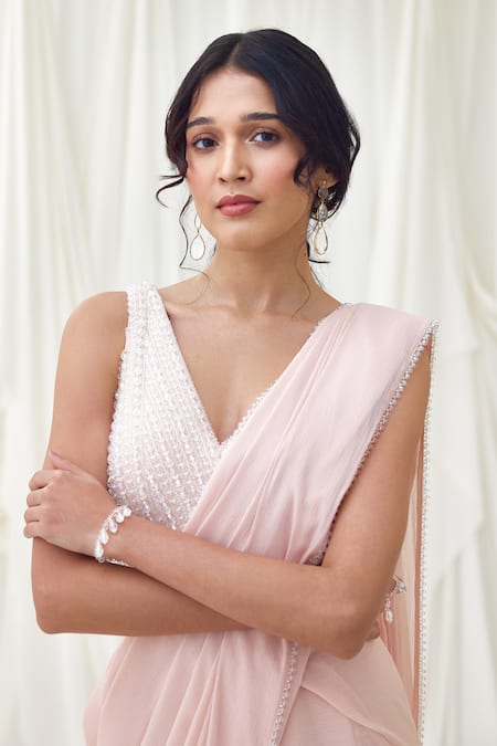 Lavanya Ahuja_Pink Shimmer Georgette Frosted Chandelier Border Pre-draped Saree With Blouse _at_Aza_Fashions