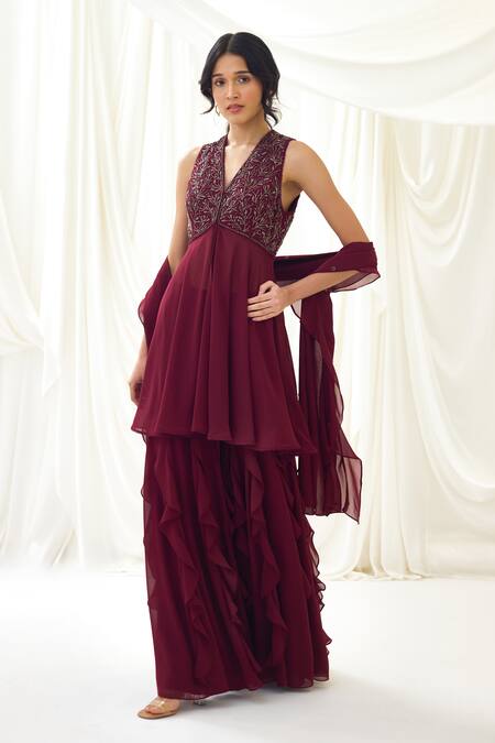 Shop_Lavanya Ahuja_Burgundy Georgette Beads V-neck Embroidered Peplum Tunic And Sharara Set _Online_at_Aza_Fashions