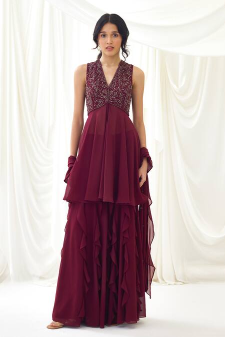 Lavanya Ahuja_Burgundy Georgette Beads V-neck Embroidered Peplum Tunic And Sharara Set _at_Aza_Fashions