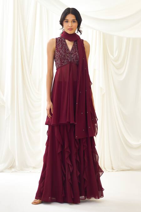 Buy_Lavanya Ahuja_Burgundy Georgette Beads V-neck Embroidered Peplum Tunic And Sharara Set 